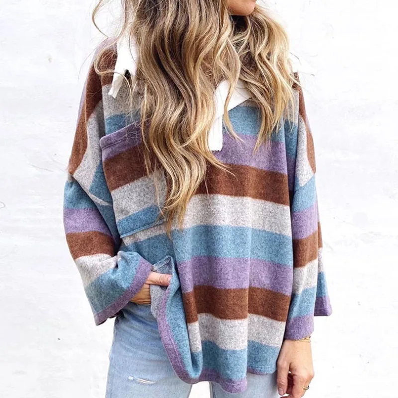 

Women Fashion Striped Print Sweatshirt 2020 Autumn Elegant Polo Collar Long Shirts Ladies Casual Loose Long Sleeve Pullover Tops