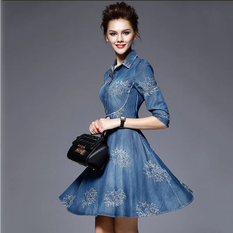 

2020 spring summer new temperament dress short-sleeved Slim slimming Vestidos denim embroidered dress women A734