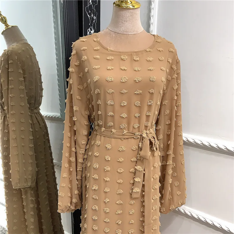 

Solid 3D Pompon Maxi Long Dress for Women Chiffon 2021 Full Sleeve Muslim Duabi Turkey Qtar Arabic Breathable Loose New Clothes