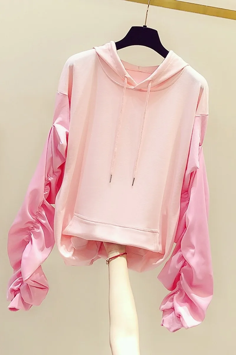 

2020 New Autumn Color Block Puff Sleeve Women Pullovers Top Casual Hooded Hoodies Casual Female Sweatshirts Students