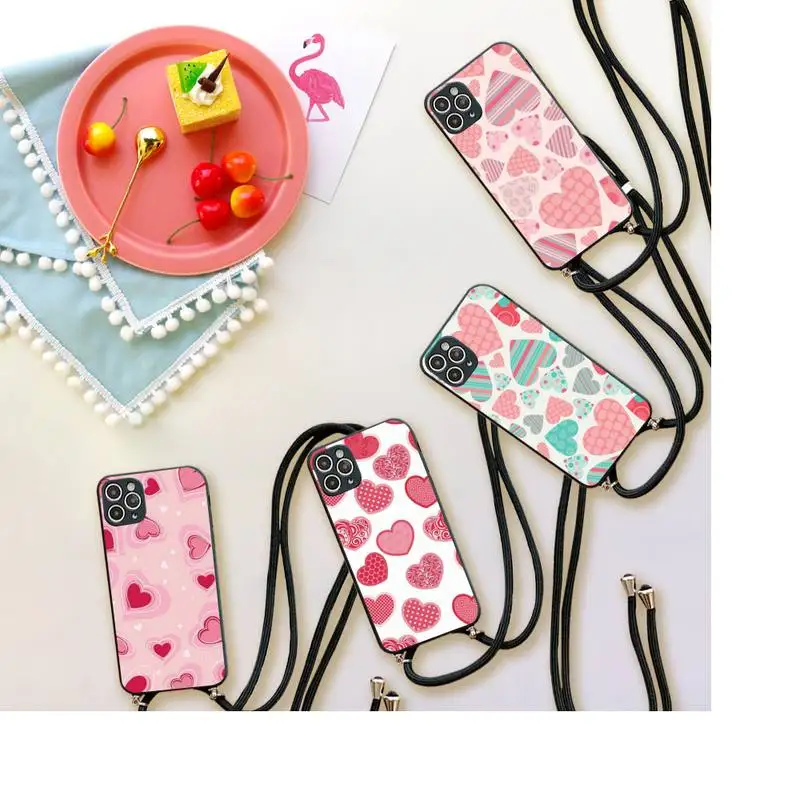 

love heart pattern color Phone Case For iPhone 7 8 11 12 X XS XR MINI Pro Max Plus Strap Cord Chain Lanyard soft