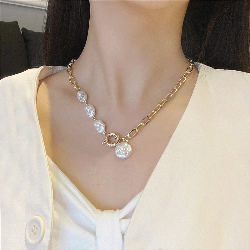 

Korean Fashion Cute Simple Baroque Pearl Chain Necklace for Women Vintage Gold Color Geometric Handade Link Collar Necklace