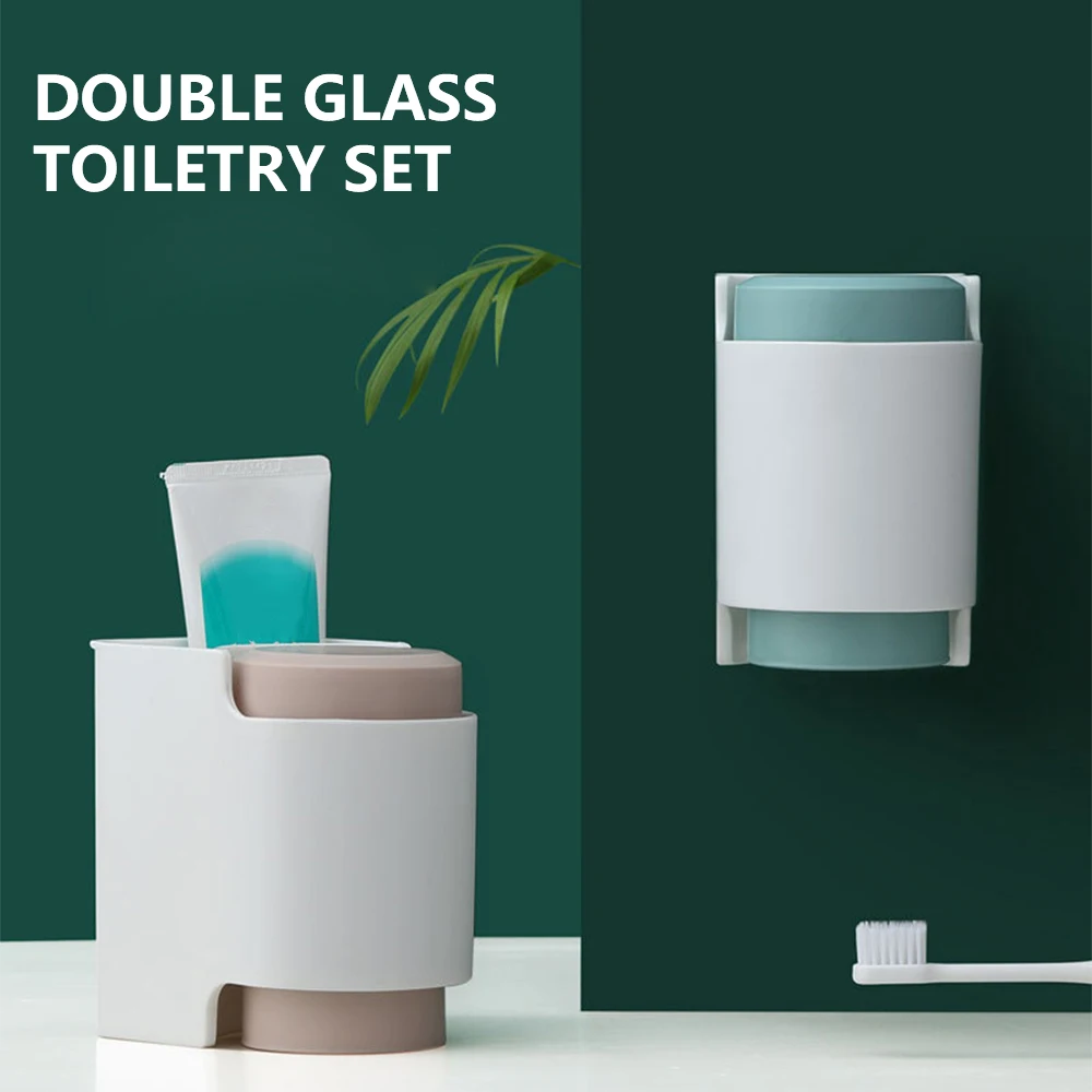 

Toothbrush Holder Wall Mounted Punch Free Toothpaste Mouthwash Cup Storage Rack with Double Cup Bathroom Accessory