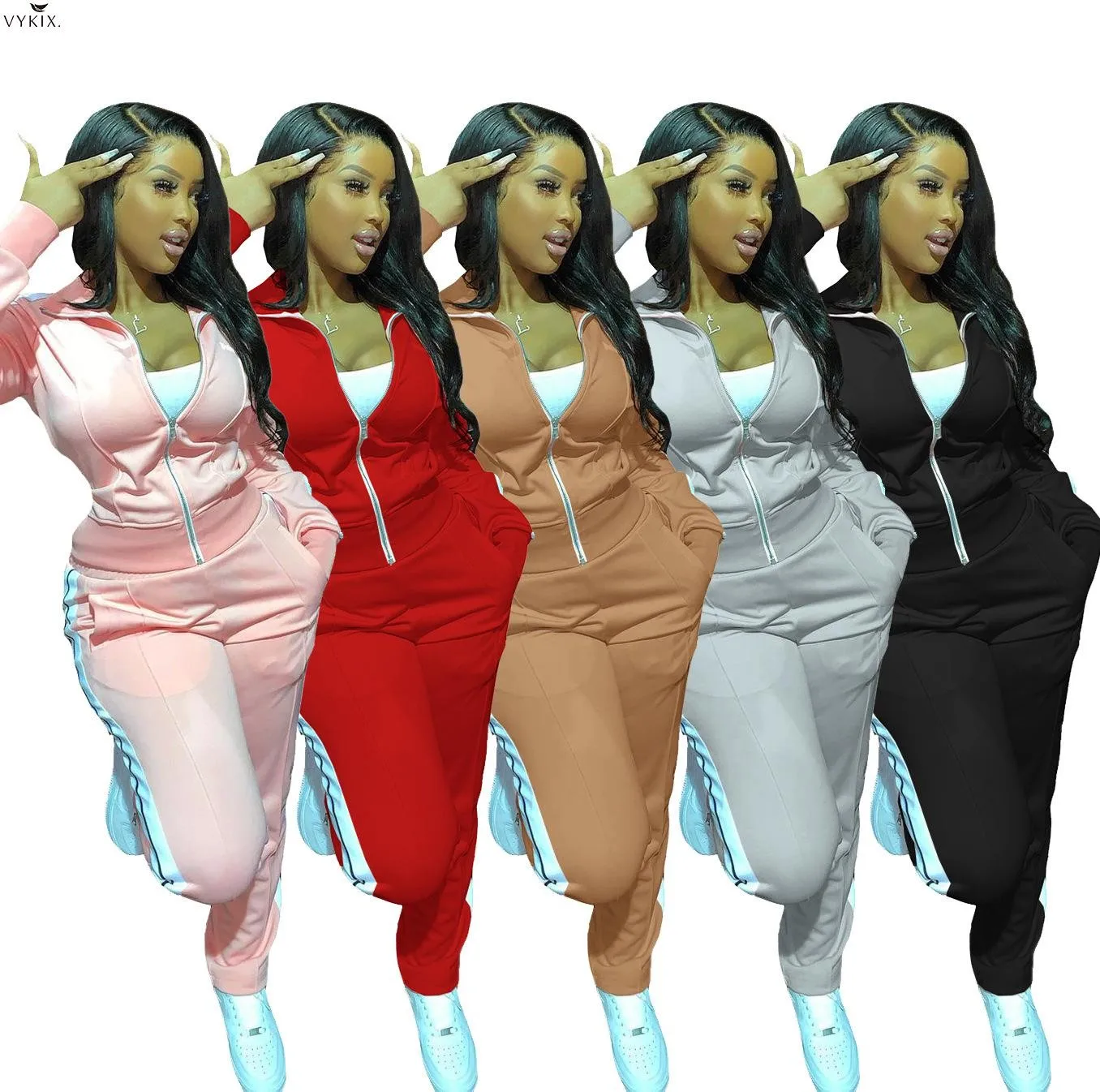 

2021 Active Striped Patchwork Sweatsuits Two 2 Piece Womens Tracksuits Sets Winter Fitness Outfits Hooded Jackets + Jogger Pants