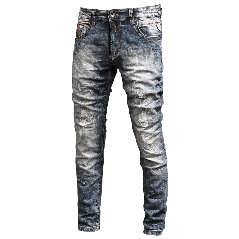 Autumn New Men's Vintage Blue Ripped Jeans Casual Cotton Straight Slim Fit Pants Streetwear Spray Paint Denim Trousers