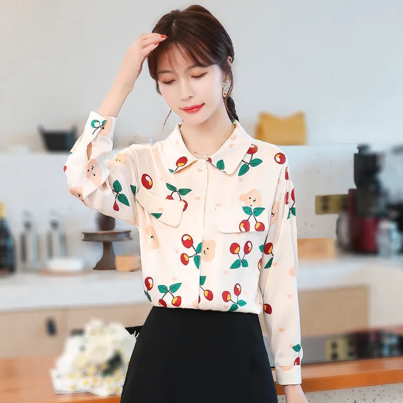 

Cherry Printing Ladies Shirts Women'S Blouses 2022 New Fashion Spring Summer Long Sleeve Chic Shirts Tops Blusas Mujer