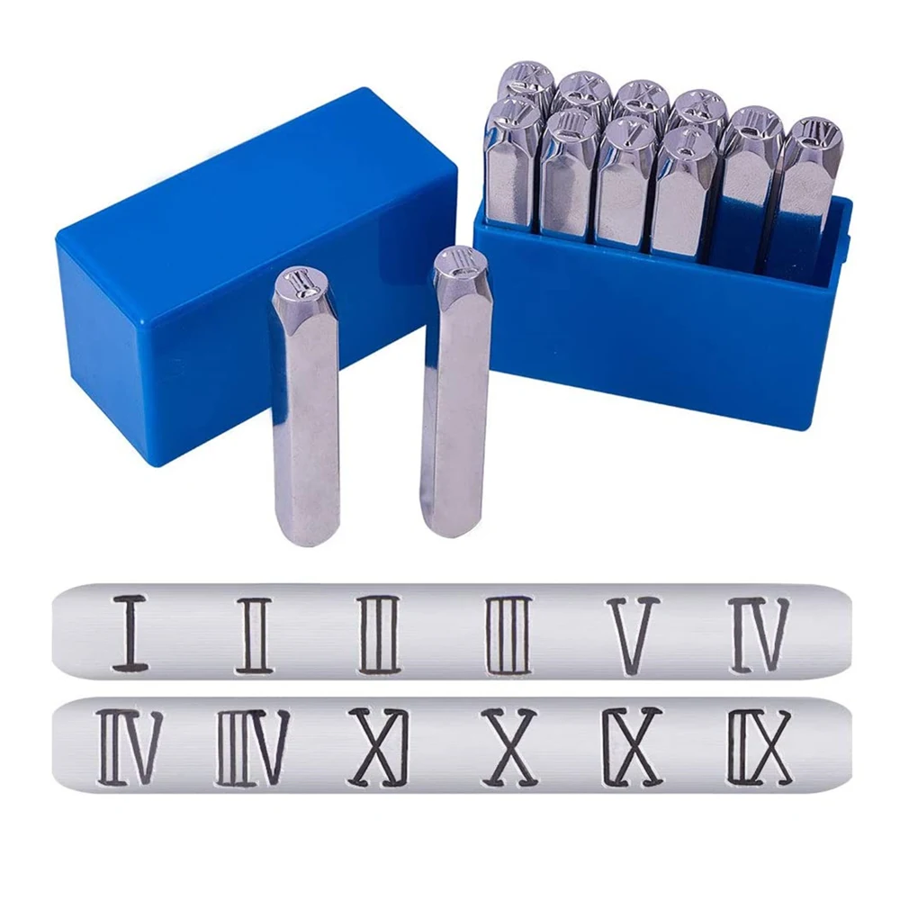 

12 Pcs Roman Numerals Metal Stamp Set Iron Uppercase Stamps Punch Press Tool for Imprinting on Jewelry Leather Wood Stamping
