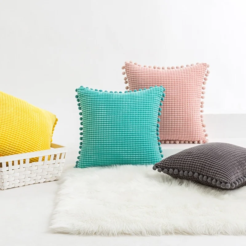 

Soft Velvet Cushion Cover Solid Pillow Case Corduroy Flocking Yellow Gray Pink Home Decorative Pillow Cover 45x45cm Pompom Ball