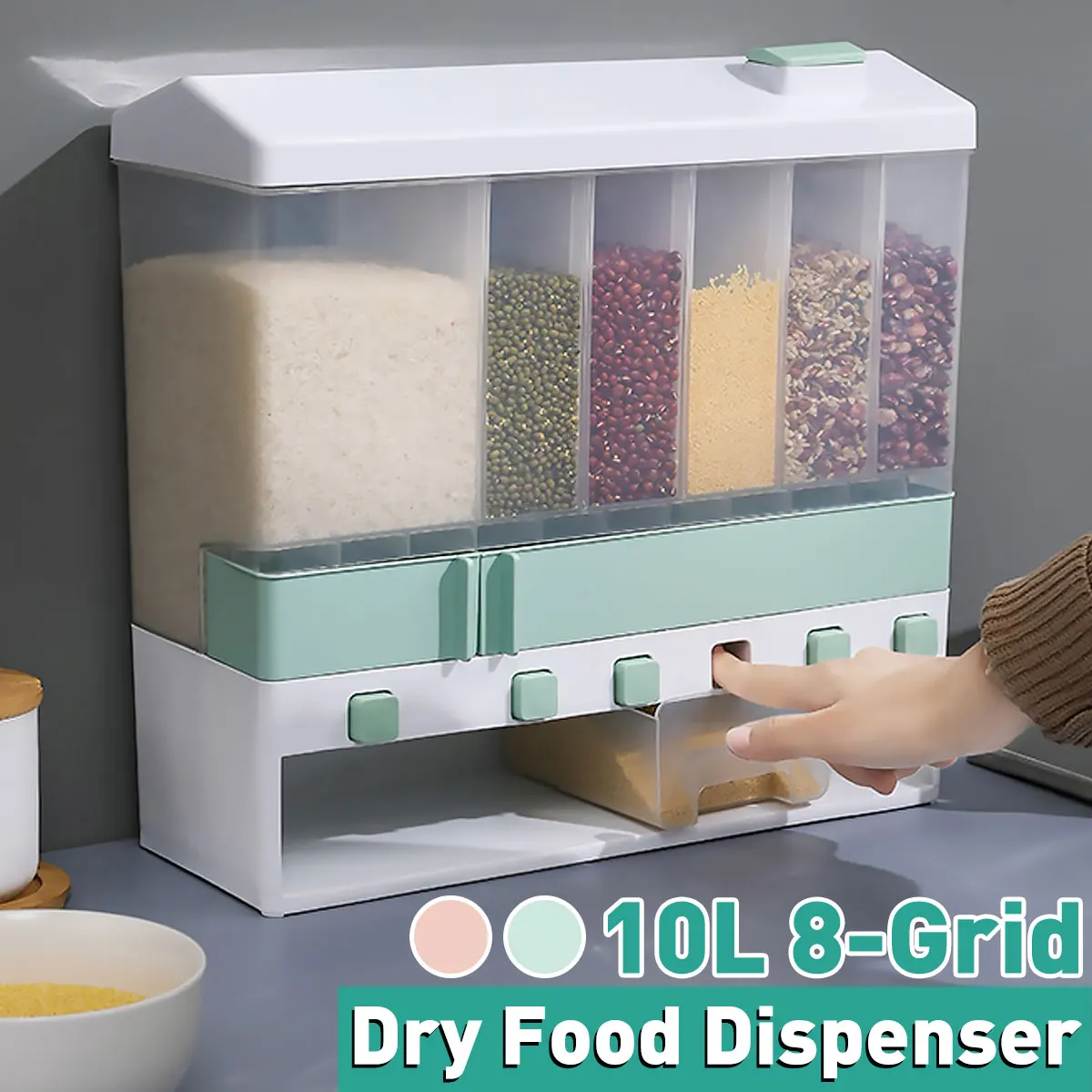 

Настенный диспенсер для зерна, 8 ячеек, пресс-бак для хранения сухих продуктов, органайзер для риса, дозатор для дома и кухни