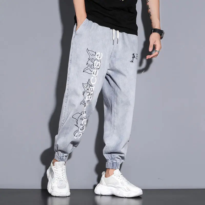Mens Jeans Brand Letter Printed Ankle Banded Men's Cargo Pants Straight Loose Casual Streetwear Trousers Hip Hop Ripped Jeans