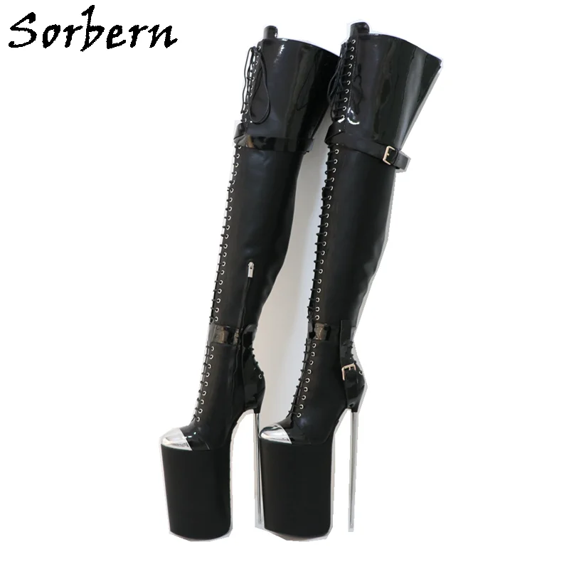 Sorbern 30Cm Metal High Heel Boots Unisex Crotch Thigh High 75Cm Real Leather Women Long Platform Boots Half Zipper