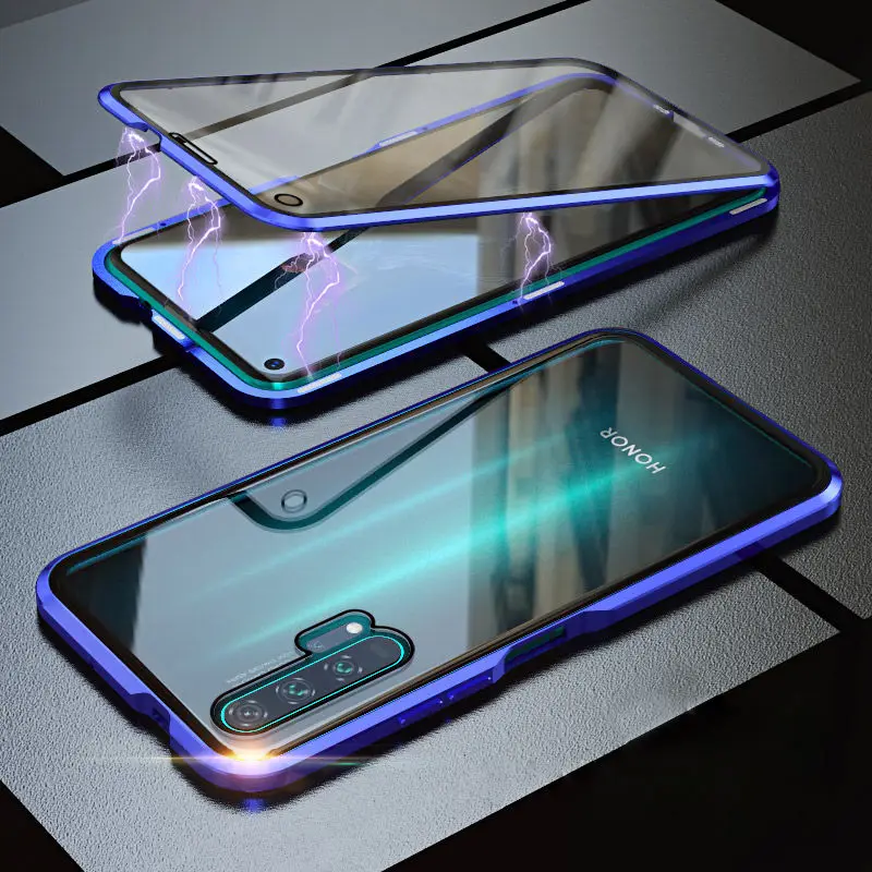 Blue Double Glass Роскошный Магнитный поглощающий металлический флип-кейс для huawei Honor 20 20i 20Pro Lite, чехол для телефона, двустороннее стекло Honor20 Pro i - Цвет: Blue Double Glass