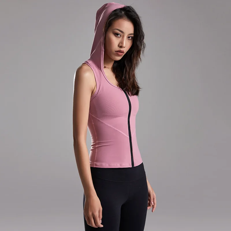 Women Sports Shirts Zipper Hooded Yoga Vest Running Fitness Sleeveless T-shirts Girls Jogging Tank Tops Gym Workout Vest Hoodies