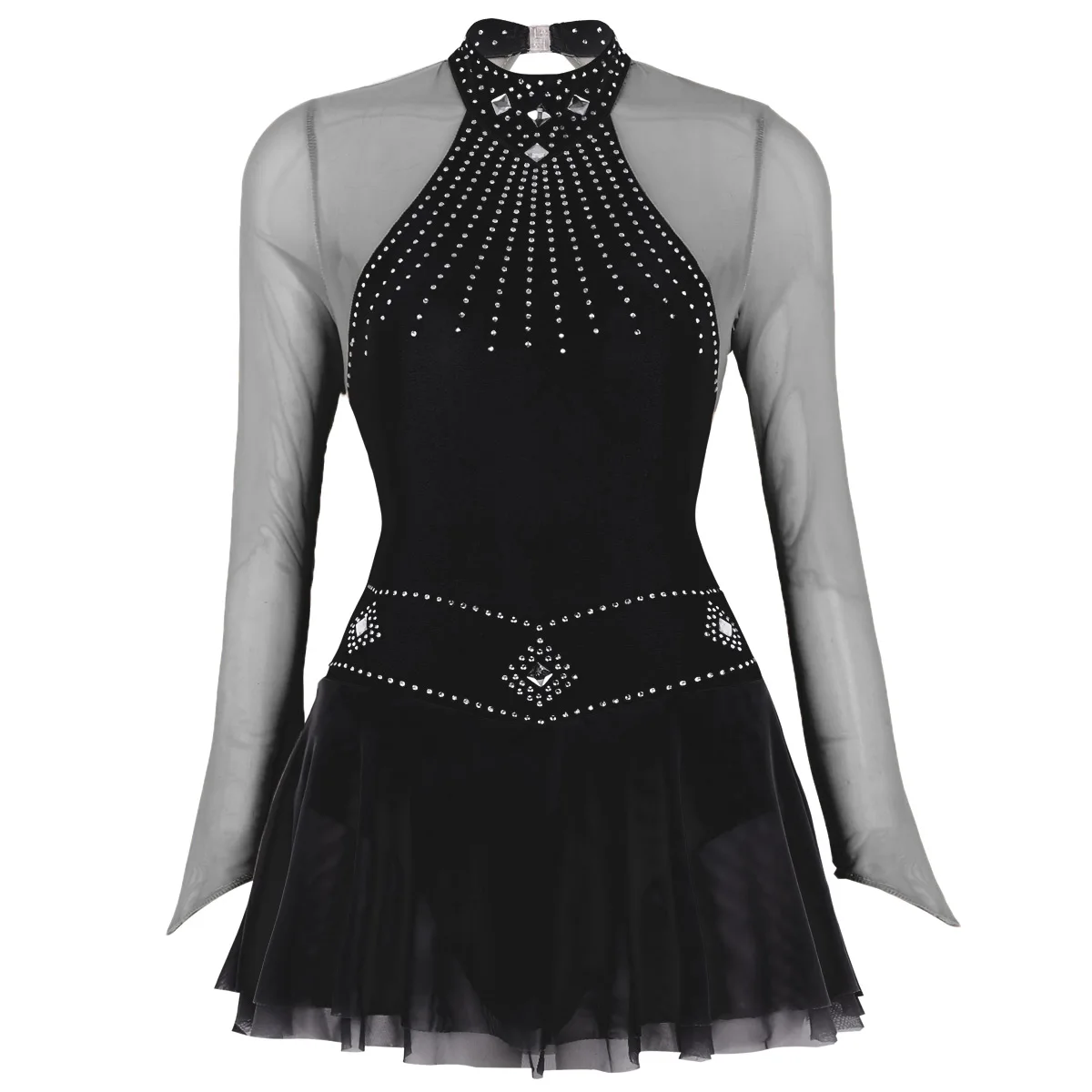 Black Adult Shiny Rhinestones Long Sleeve Mesh Splice Ballet Gymnastics Leotard Women Figure Skating Dress Competition Dance Costumes - Цвет: Black