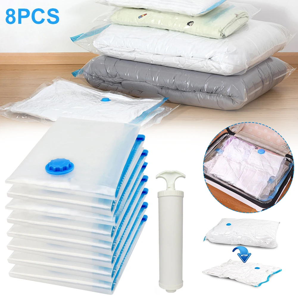 

8PCS Thickened Vacuum Bag With Hand Air Pump Reusable Blanket Clothes Quilt Storage Bag Organizer Foldable Compressed Bag