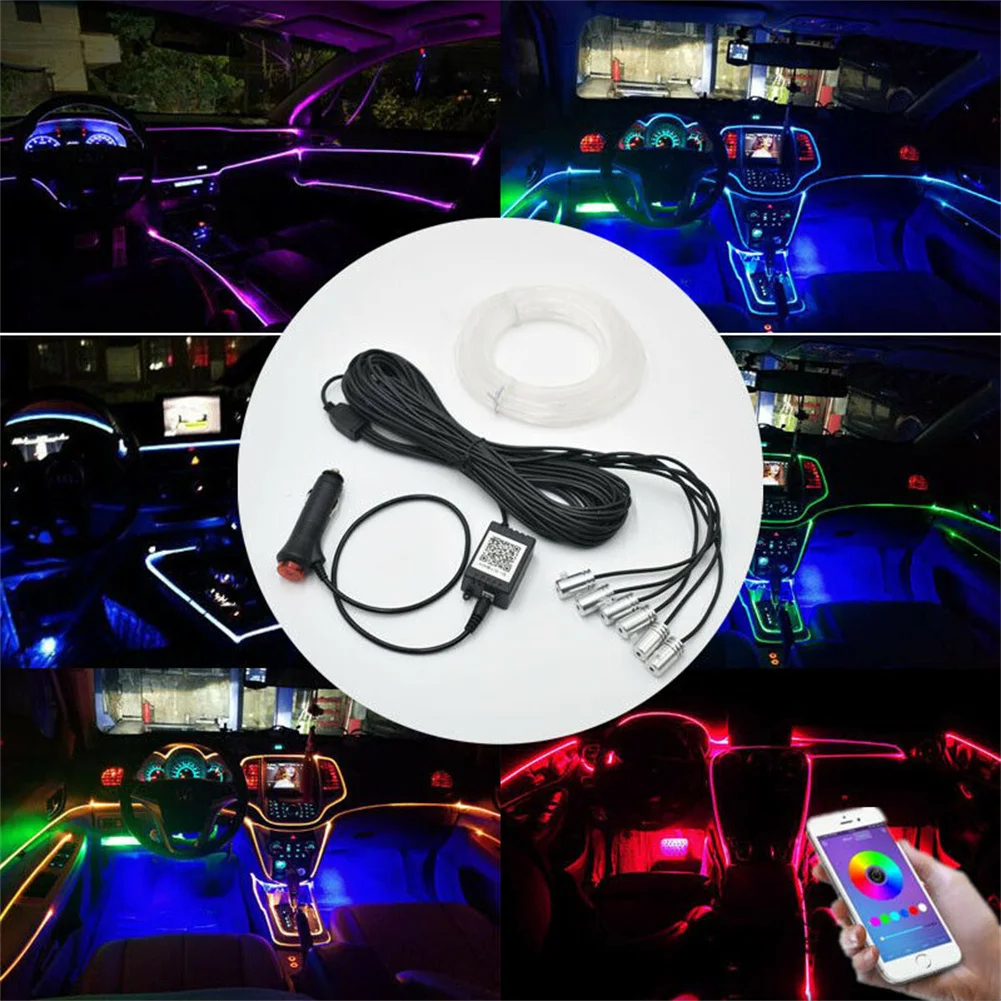 

8M RGB 6IN1 3mm LED Car Interior Fiber Optic Neon EL Wire Strip Light Atmosphere Phone APP Control Useful Equippments Parts
