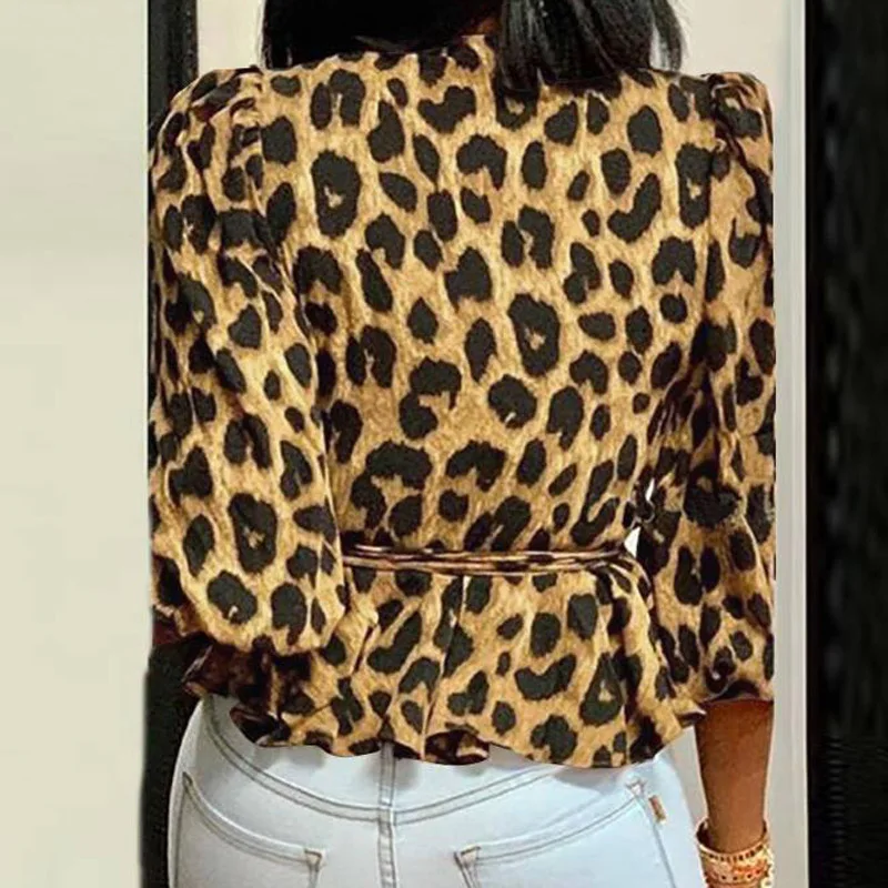 

New Fashion Leopard Print Women Blouse 2020 Autumn Elegant Lantern Long Sleeve Tops Ladies Sexy Lace-Up V Neck Blusa Shirts 5XL