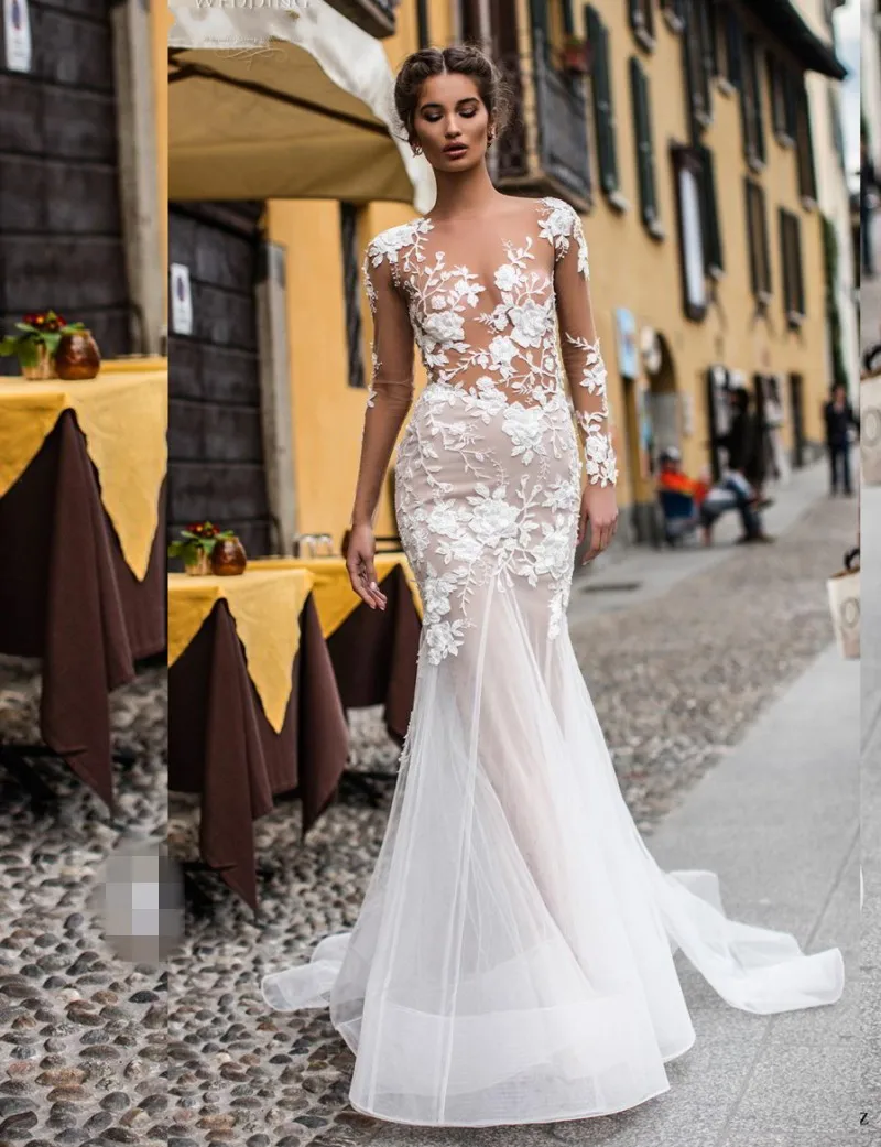 

Sexy Civil Mermaid Wedding Dresses Long Sleeve Lace Floral Applique Sheer Neck Bridal Gowns for Women robe de soirée de mariage