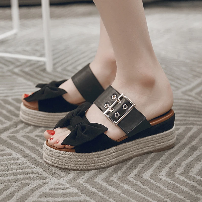 

Women's natural suede leather bowtie sweet laides summer casual slides metal buckle band hemp decoration female daily sandals