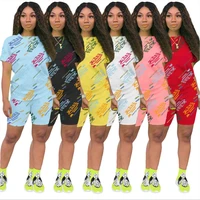 echoine letter graffiti print two piece set woman short sleeve t shirt and shorts casual fitness tracksuit 2021 summer outfits
