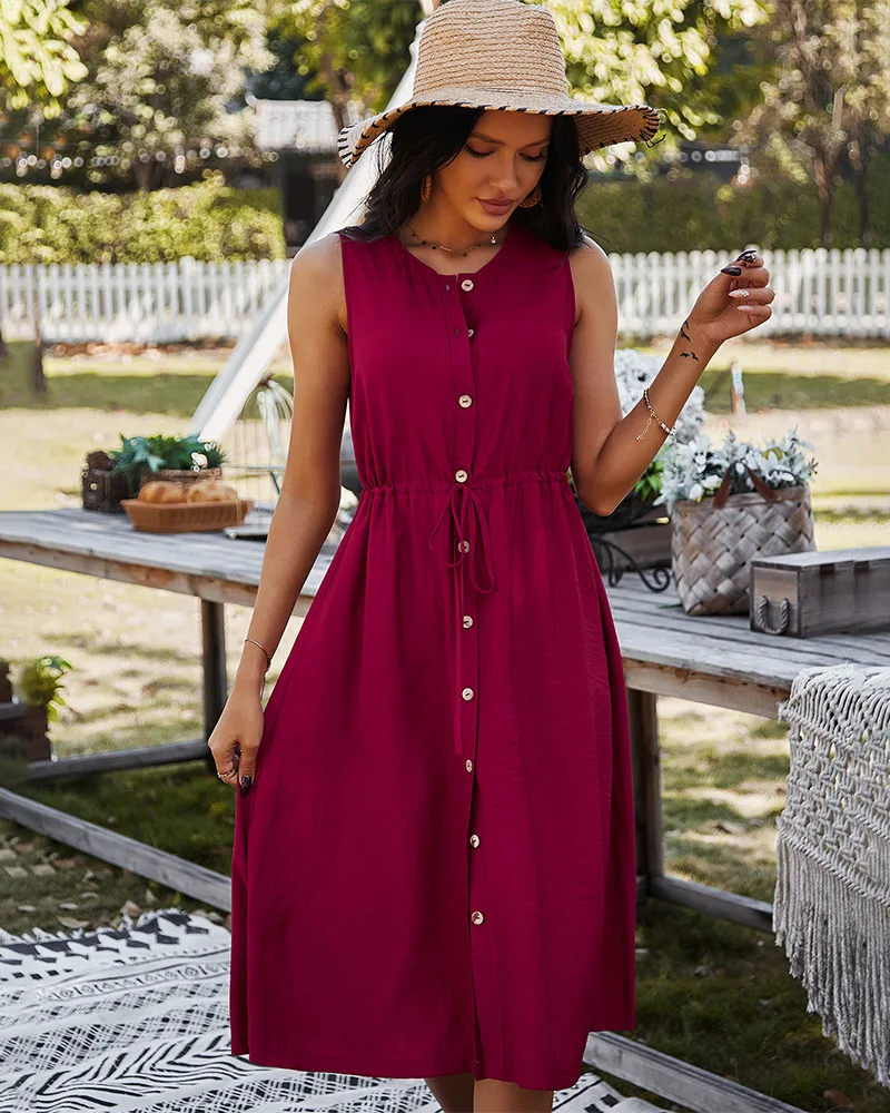 

Women Elegant Sleeveless A Line Dress 2021 Summer Casual High Waist Button Sundress O Neck Loose Dress Solid Beach Wear 2021