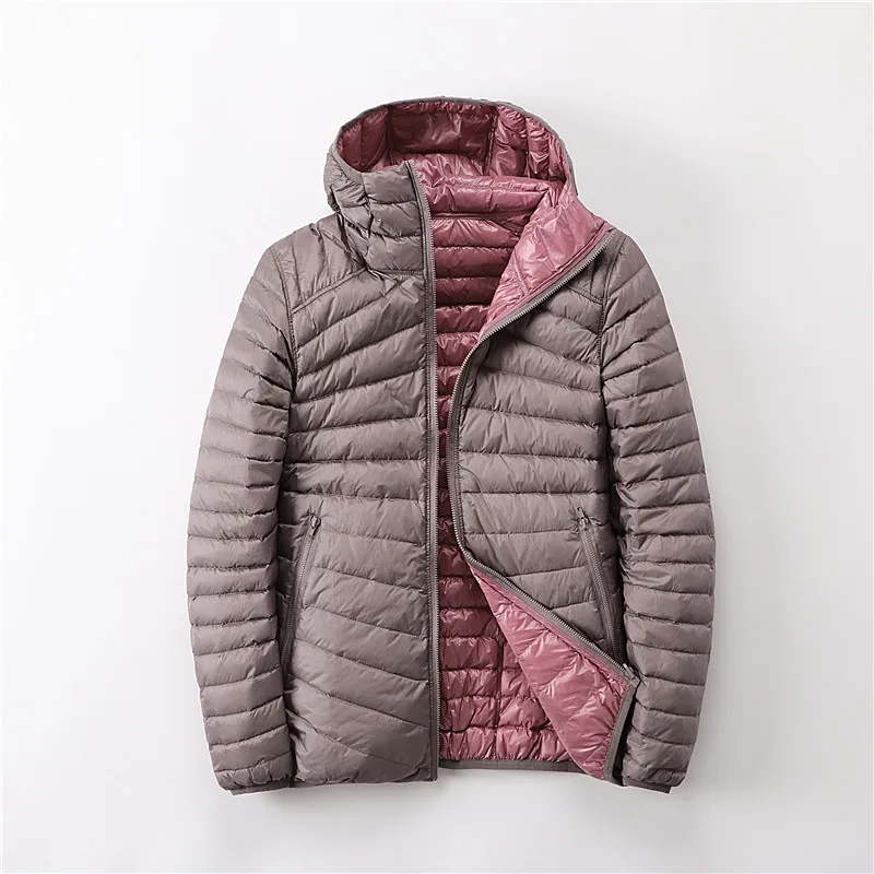 

Pop New Autumn winter double Side down jacket women Casual Long Sleeve Hoodied short Coat ultra thin light Duck Down coat