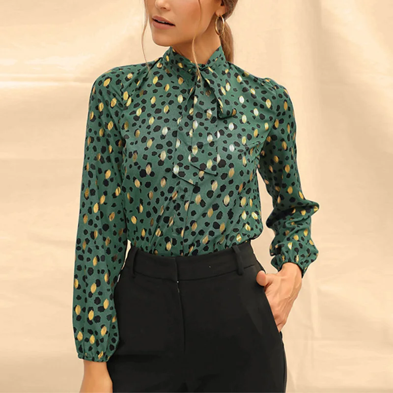 

2021 Summer Casual Chiffon Blouses Lace Up Chic Dot Print Long Sleeve Women's Blouse Turn-down Collar Black Green Female Tops