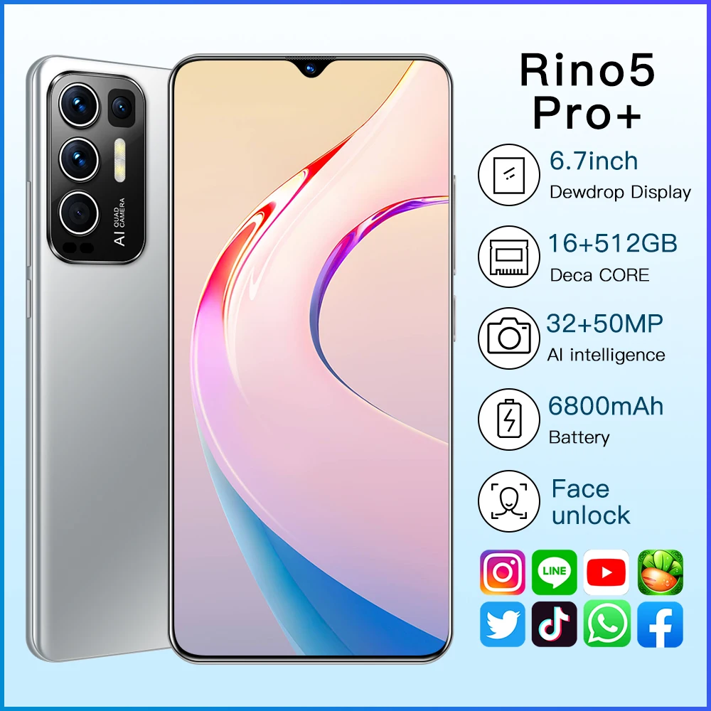 

Rino5 Pro+ Smartphones New 2021 6.7 Inch 16+512GB Face Fingerprint Unlock 32+50MP 10 Core 6800 mAh Andriod cellphone MTK6889