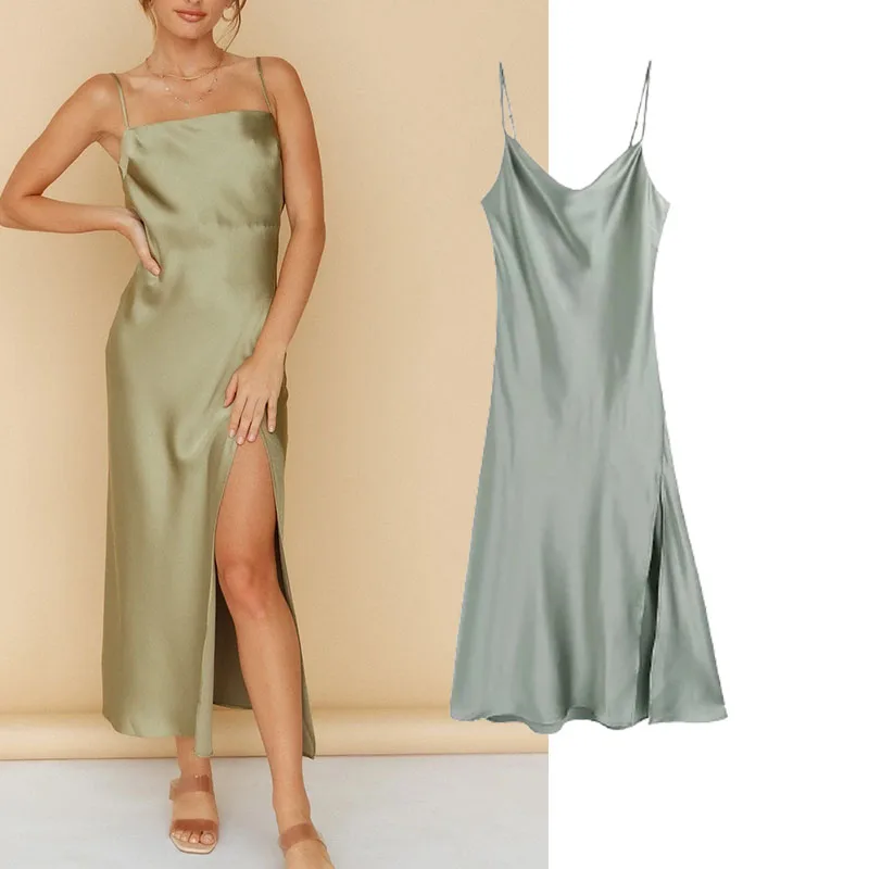 

Fashion Sling Rear Hollow Out Buckle Dresses Women Sexy V Neck Slim Slit Party Dress 2021 Autumn New Office Ladies Elegant Dress