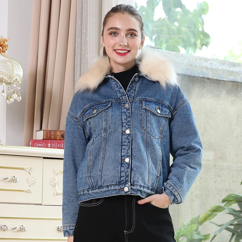 Женская теплая джинсовая куртка LEIJIJEANS повседневная с большим меховым воротником