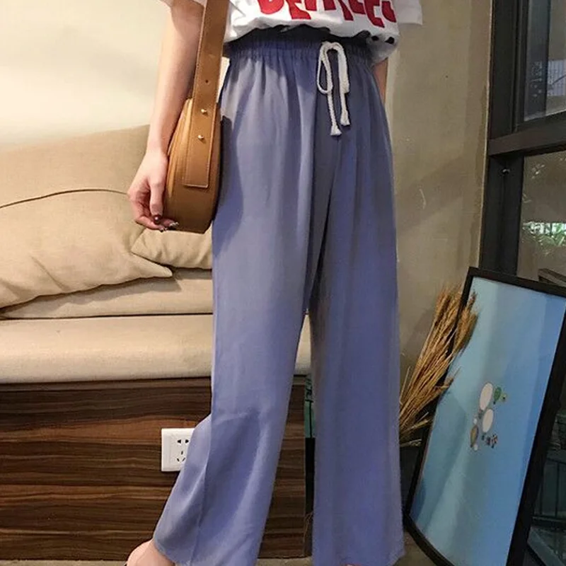 

Pants Women Solid Wide Leg Trousers Fashion Korean Style Streetwear Straight Elastic Waist Drawstring Looose Casual Comfortable