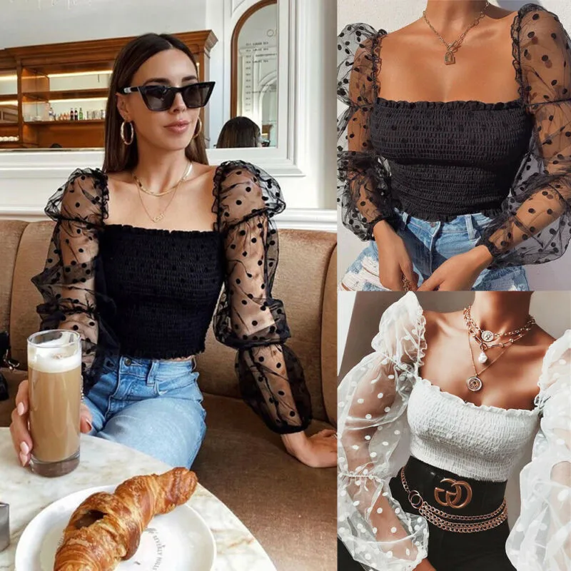 

Women Mesh Net Blouse Sheer Puff Sleeve Ladies Shirt Sexy Tops Polka Dot Print Tops Womens Clothing Summer Female Blouses Hot