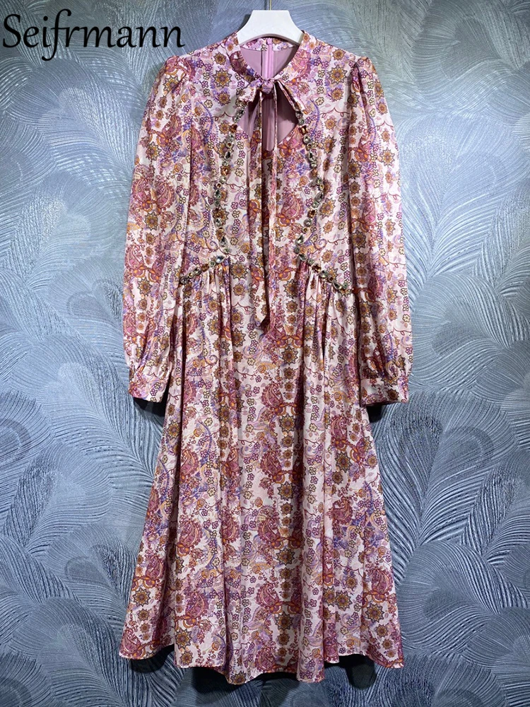 

Seifrmann High Quality Spring Women Fashion Runway Party Midi Dress Lantern Sleeve Bow Gorgeous Crystal Floral Printed Dresses