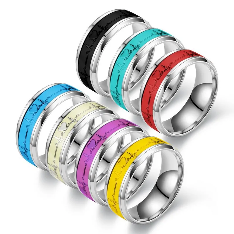 

AsJerlya 2021 Multicolor Heartbeat Luminous Couple Rings Stainless Steel ECG Glowing Ring For Women Men Engagement Wedding Rings