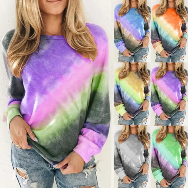 

2020 Spring And Summer New Rainbow Print Long Sleeve Round Neck T-shirt Tops Vintage Street Clothes Women