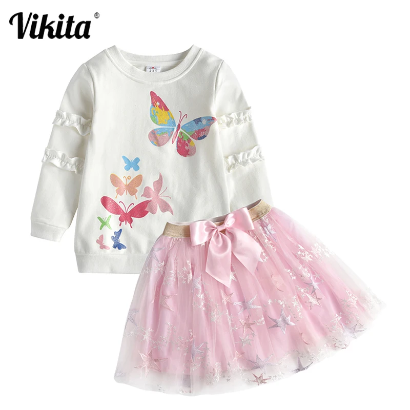 

Комплект одежды для девочек из 2 предметов, хлопковая футболка с длинным рукавом и мини-юбка с бантом