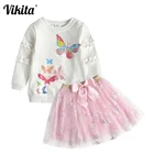 Комплект одежды для девочек из 2 предметов, хлопковая футболка с длинным рукавом и мини-юбка с бантом