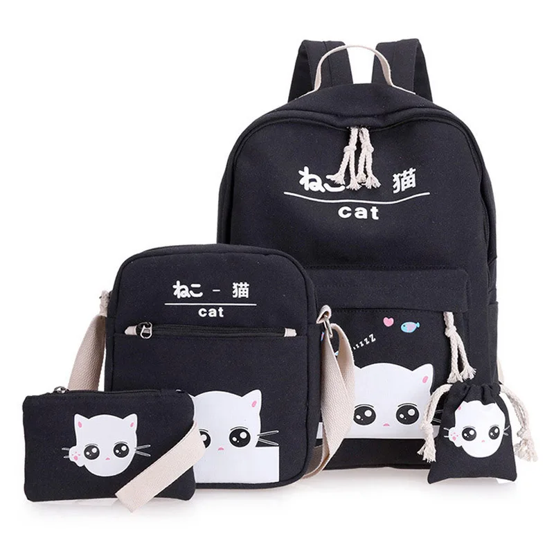 

3 Set Canvas School Bags Cartoon Cat School Backpacks School Bag For Girl Teenagers Child Schoolbag Student Bagpack Shoulder Bag