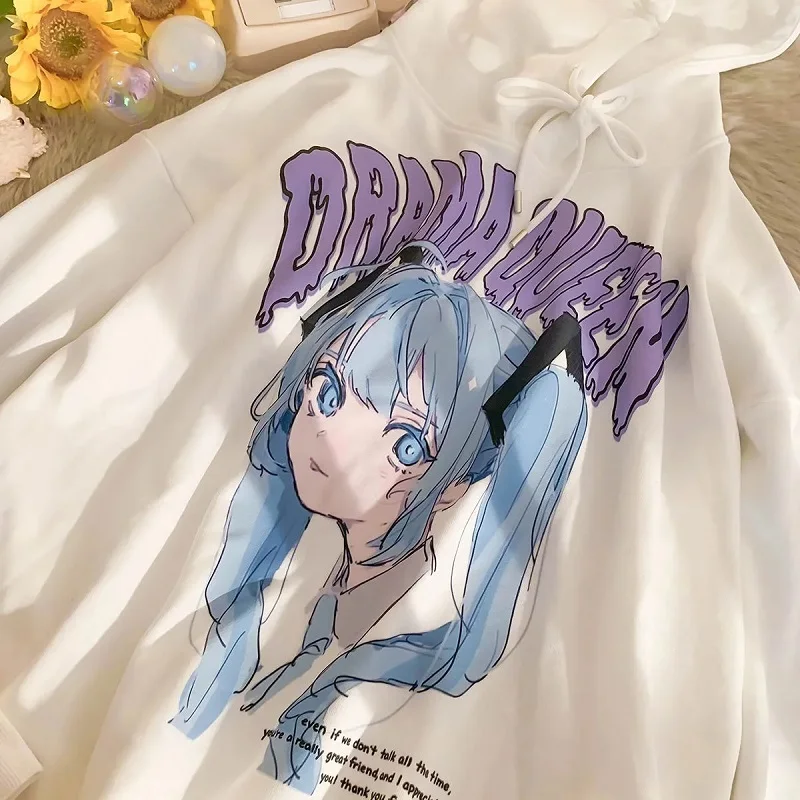 

Two-dimensional anime print hooded sweater loose oversize sweatshirt vintage clothes Cartoon kawaii harajuku album streetwear