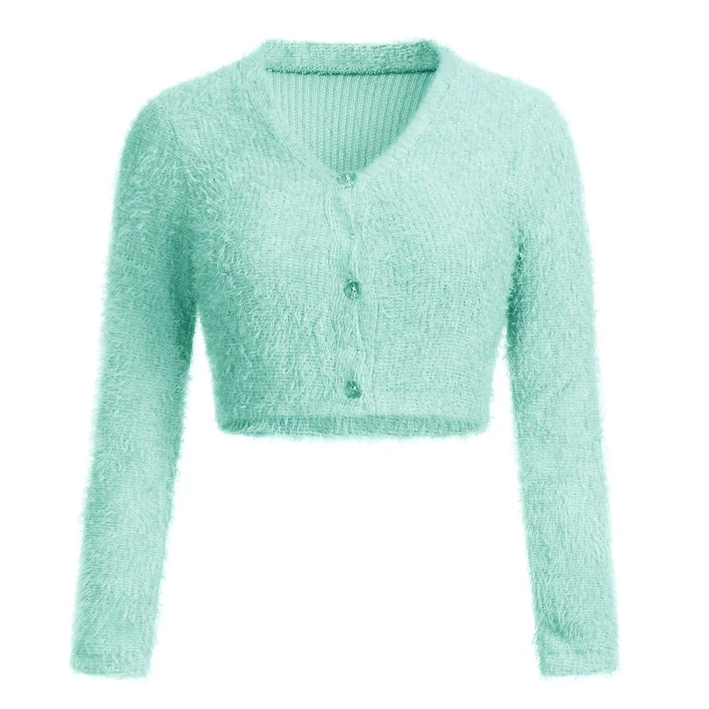 2019 Women Fashion V-neck Long Sleeve Furry Casual Sweater Crop Popular Tops Hot Sale Elegant Winter Warm Soft Sweaters | Спорт и