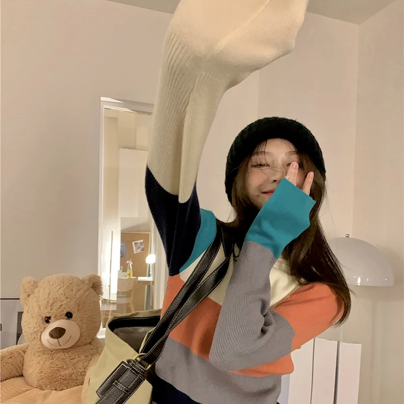 Пуловер Woherb в радужную полоску с воротником-хомутом женский корейский шикарный