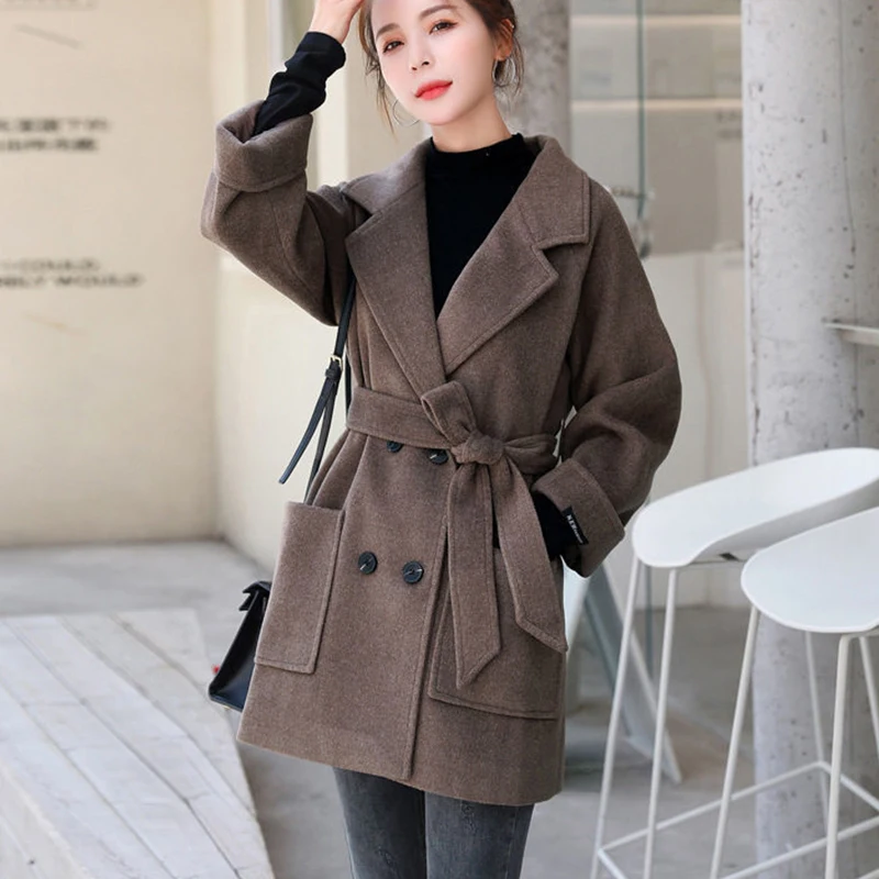 

Women Warm Outwear Solid Popular Sashes All-match Thicker Classy Slim Stylish Double Breasted Leisure Brown Wool Coat