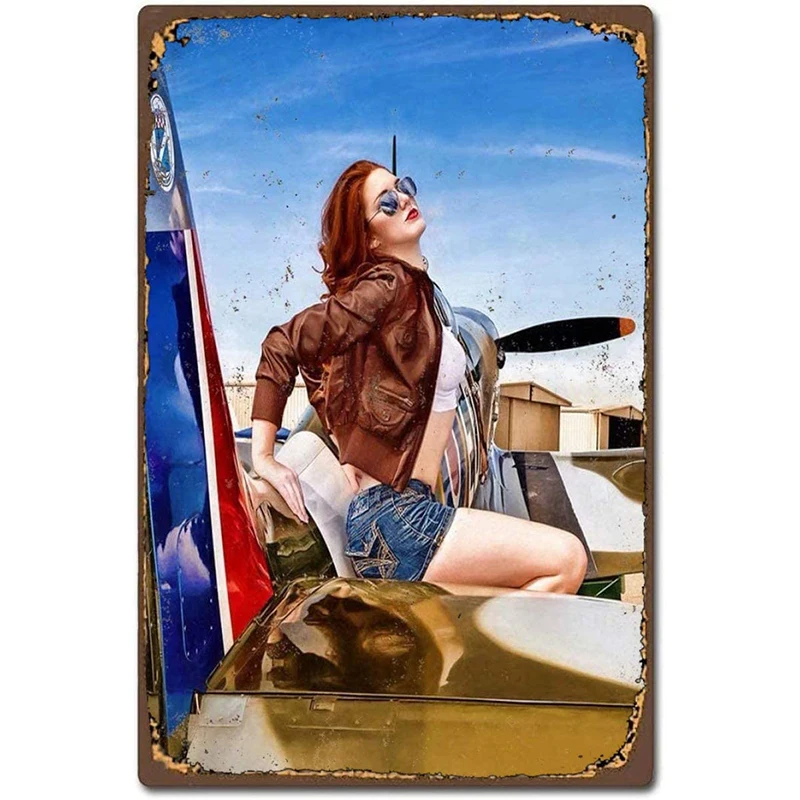

Military Theme Metal Signs Airplane Sexy Lady Retro Metal Tin Sign Vintage Aluminum Sign for Home Coffee Wall Decor 8x12 Inches