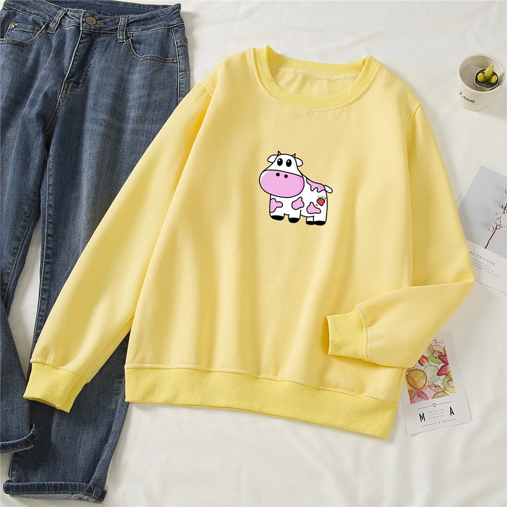 Sweatshirt Strawberry Cow Hoodies Womens Crewneck Sweatshirts Vintage Oversized Cute Oversized Kawaii Women Graphic Sweetshirt