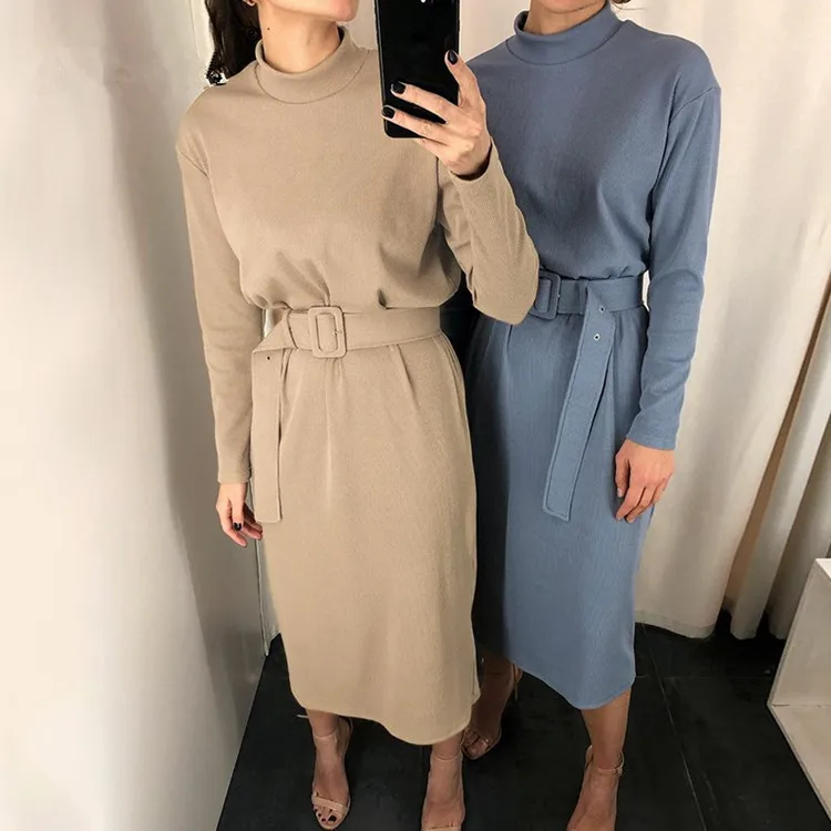 

Autumn solid women midi dress sukienka Casual long sleeve o-neck straight dress with sashes Khaki blue pink vestido feminino