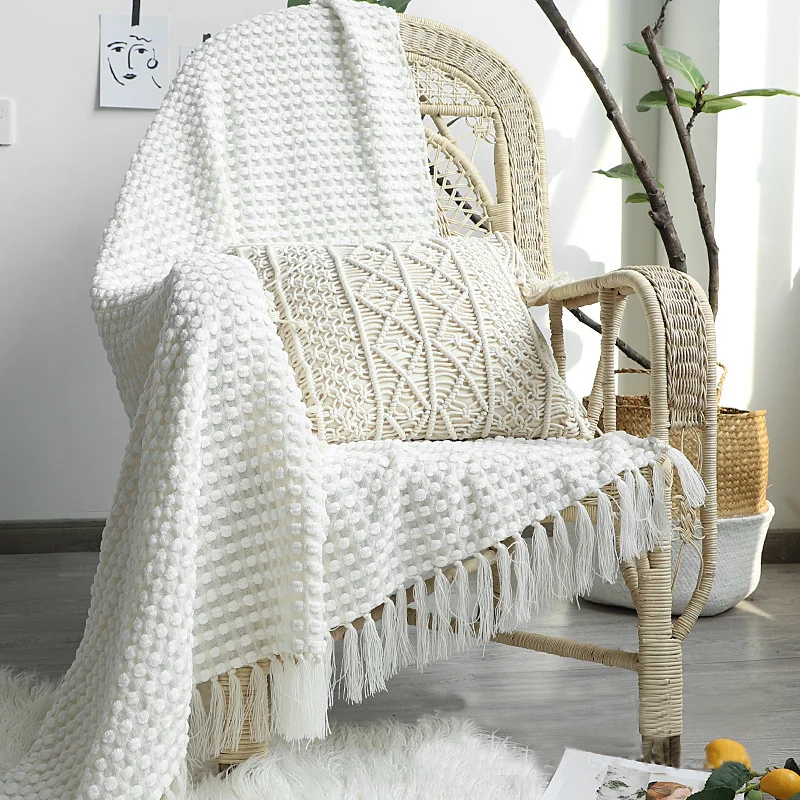 

Nordic Style Sofa Blanket Leisure Air Conditioning Blanket Snow White Knitted Blanket Hand-Knit Tassel Weighted Home Decoration