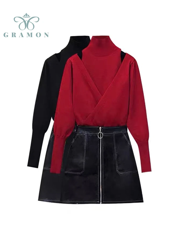 

Autumn Winter Women's Plus Size Knitted Turtleneck Hollow Out Solid Color Pullover Sweater+Leather A-line Skirt Two-Piece Sets