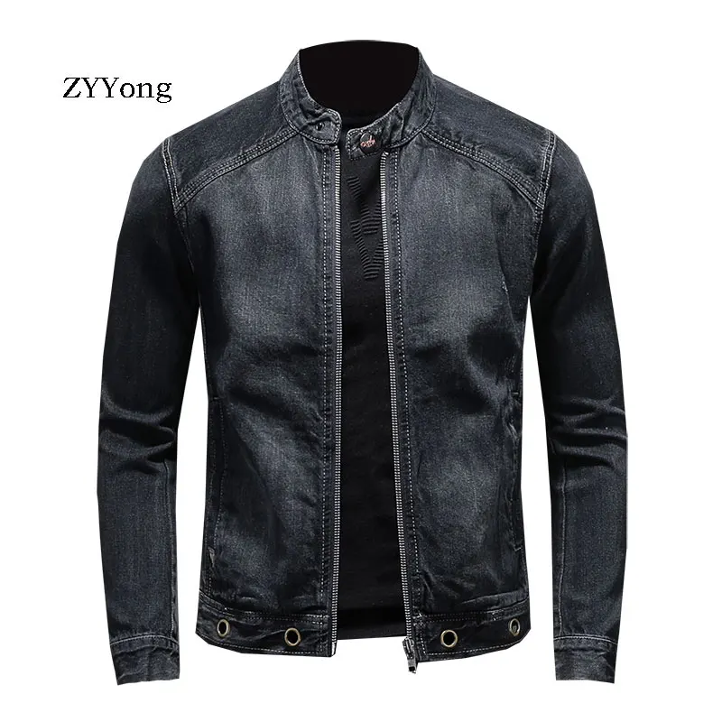 New European Style Stand Collar Bomber Pilot Black Denim Jacket Men Jeans Coats Slim Motorcycle Casual Outwear Clothing Overcoat
