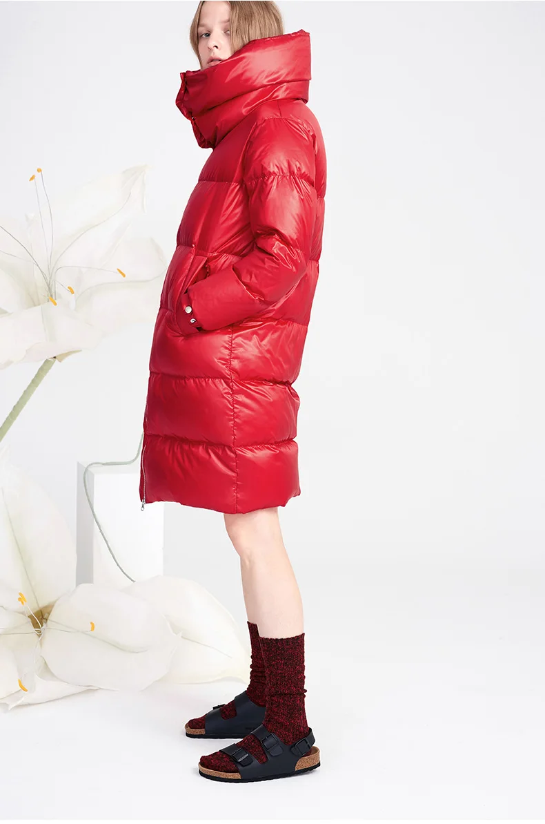 Зимняя Красная двухслойная куртка пуховик с воротником шарфом Женская длинная