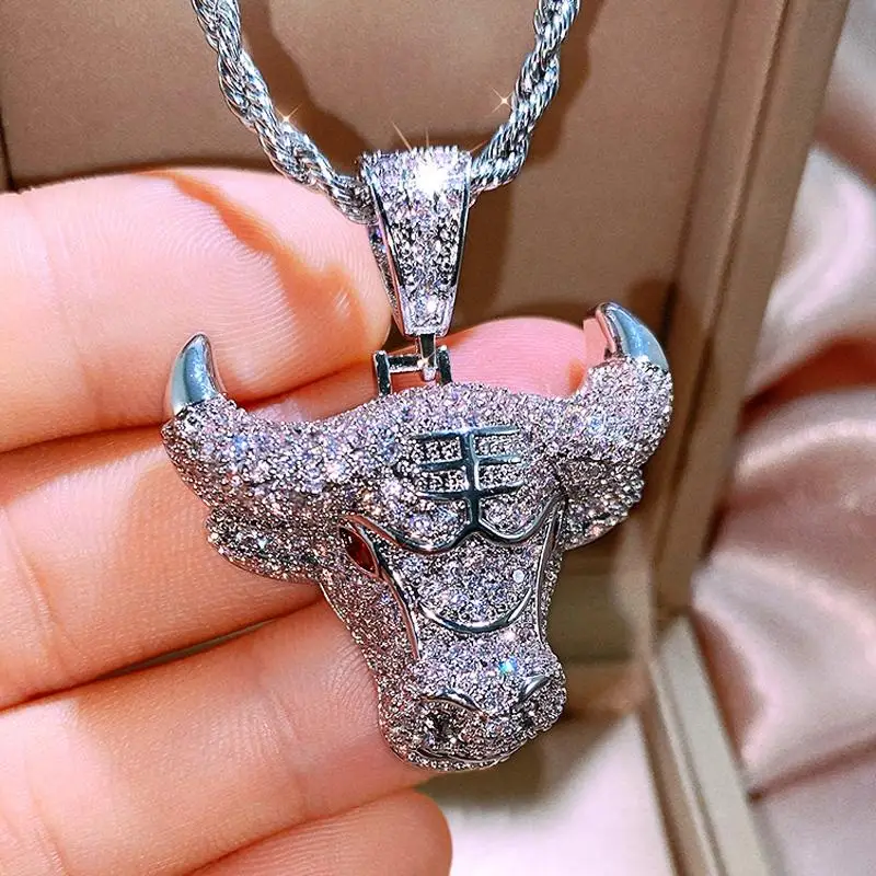 Ожерелье Iced Out Bull Head для мужчин и женщин в стиле хип-хоп модное посеребренное